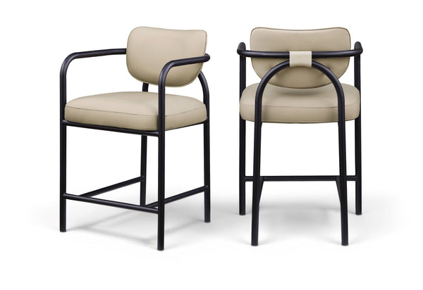 Meridian Furniture Serava Sculpted Vegan Leather Counter Stool with Matte Black Iron Frame for Kitchen Islands Beige 77067Beige-C