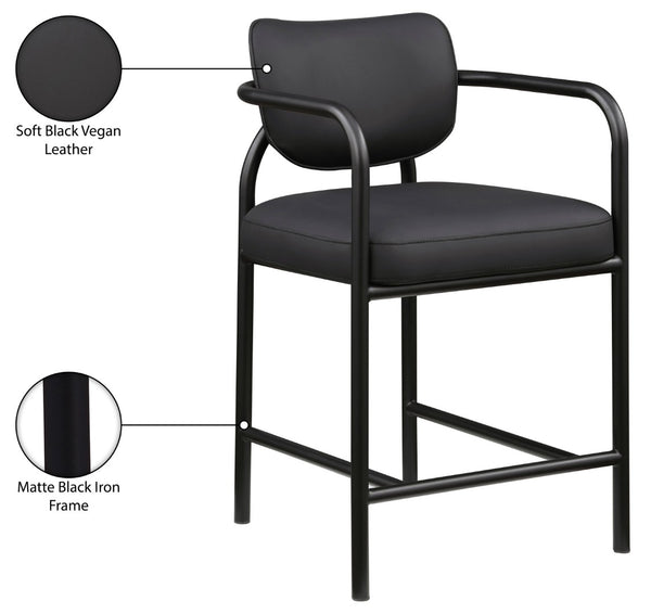 Meridian Furniture Serava Sculpted Vegan Leather Counter Stool with Matte Black Iron Frame for Kitchen Islands Black 77067Black-C