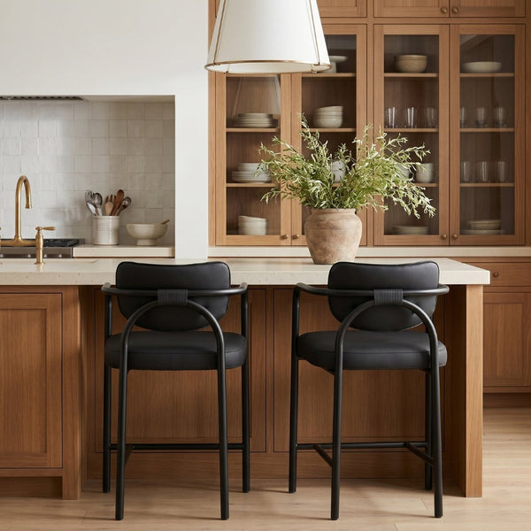 Meridian Furniture Serava Sculpted Vegan Leather Counter Stool with Matte Black Iron Frame for Kitchen Islands Black 77067Black-C
