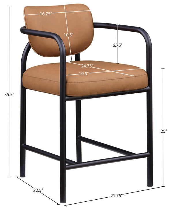Meridian Furniture Serava Sculpted Vegan Leather Counter Stool with Matte Black Iron Frame for Kitchen Islands Cognac 77067Cognac-C