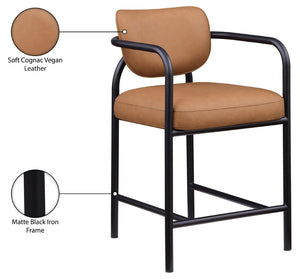 Meridian Furniture Serava Sculpted Vegan Leather Counter Stool with Matte Black Iron Frame for Kitchen Islands Cognac 77067Cognac-C