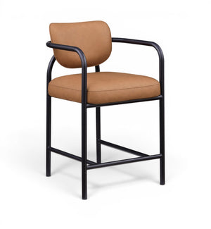Meridian Furniture Serava Sculpted Vegan Leather Counter Stool with Matte Black Iron Frame for Kitchen Islands Cognac 77067Cognac-C