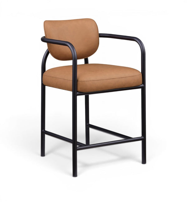 Meridian Furniture Serava Sculpted Vegan Leather Counter Stool with Matte Black Iron Frame for Kitchen Islands Cognac 77067Cognac-C