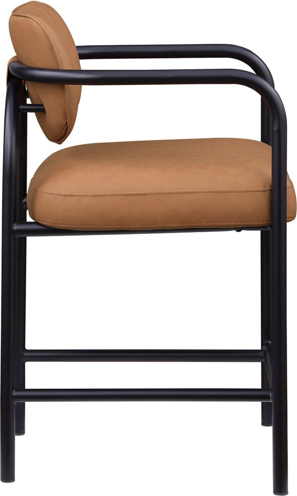 Meridian Furniture Serava Sculpted Vegan Leather Counter Stool with Matte Black Iron Frame for Kitchen Islands Cognac 77067Cognac-C