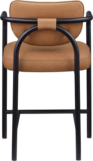 Meridian Furniture Serava Sculpted Vegan Leather Counter Stool with Matte Black Iron Frame for Kitchen Islands Cognac 77067Cognac-C