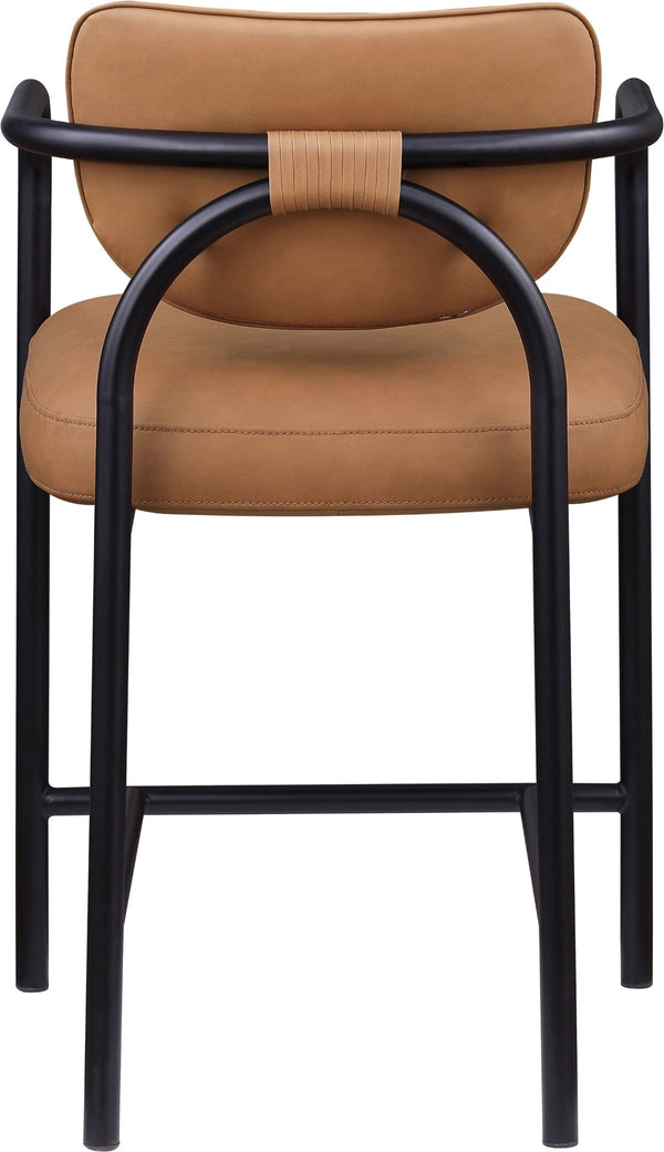 Meridian Furniture Serava Sculpted Vegan Leather Counter Stool with Matte Black Iron Frame for Kitchen Islands Cognac 77067Cognac-C