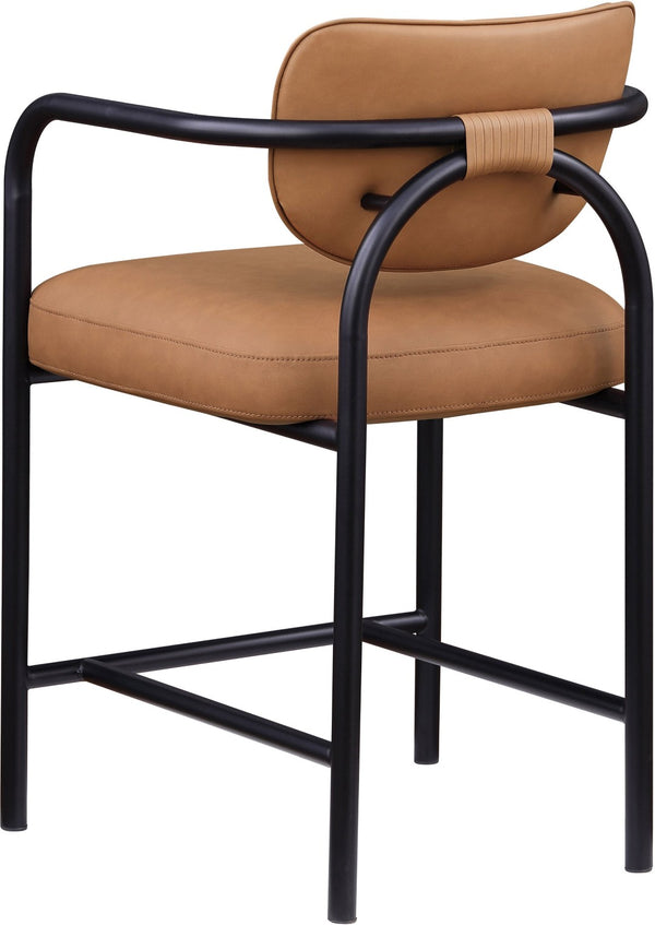 Meridian Furniture Serava Sculpted Vegan Leather Counter Stool with Matte Black Iron Frame for Kitchen Islands Cognac 77067Cognac-C