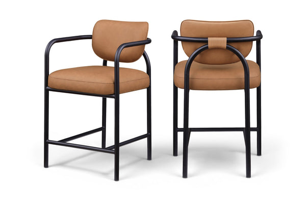 Meridian Furniture Serava Sculpted Vegan Leather Counter Stool with Matte Black Iron Frame for Kitchen Islands Cognac 77067Cognac-C