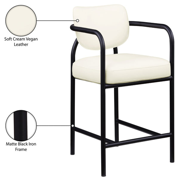 Meridian Furniture Serava Sculpted Vegan Leather Counter Stool with Matte Black Iron Frame for Kitchen Islands Cream 77067Cream-C