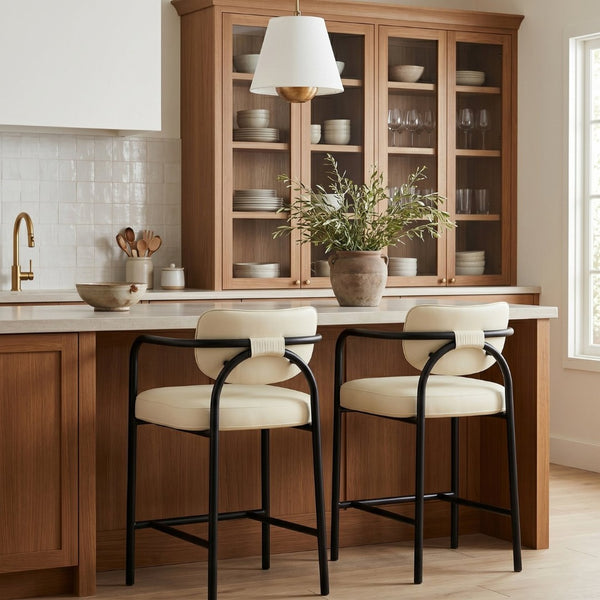 Meridian Furniture Serava Sculpted Vegan Leather Counter Stool with Matte Black Iron Frame for Kitchen Islands Cream 77067Cream-C