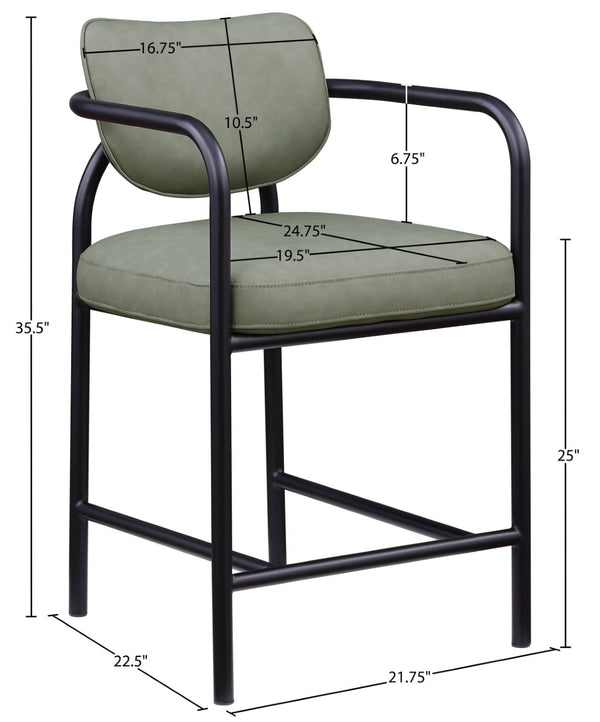 Meridian Furniture Serava Sculpted Vegan Leather Counter Stool with Matte Black Iron Frame for Kitchen Islands Green 77067Green-C