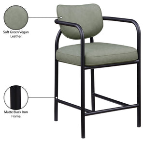 Meridian Furniture Serava Sculpted Vegan Leather Counter Stool with Matte Black Iron Frame for Kitchen Islands Green 77067Green-C