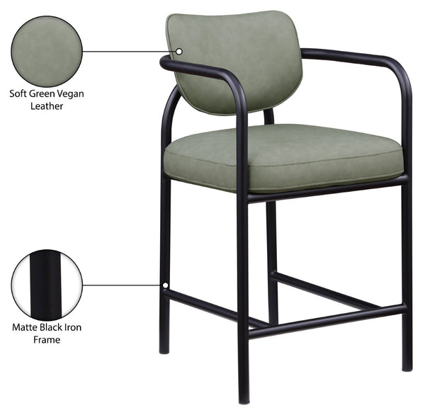 Meridian Furniture Serava Sculpted Vegan Leather Counter Stool with Matte Black Iron Frame for Kitchen Islands Green 77067Green-C