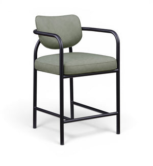 Meridian Furniture Serava Sculpted Vegan Leather Counter Stool with Matte Black Iron Frame for Kitchen Islands Green 77067Green-C