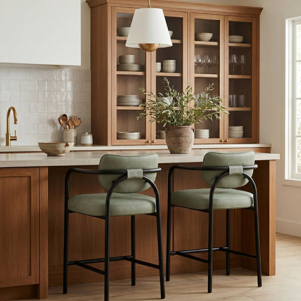 Meridian Furniture Serava Sculpted Vegan Leather Counter Stool with Matte Black Iron Frame for Kitchen Islands Green 77067Green-C