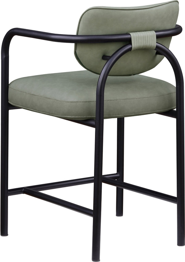 Meridian Furniture Serava Sculpted Vegan Leather Counter Stool with Matte Black Iron Frame for Kitchen Islands Green 77067Green-C