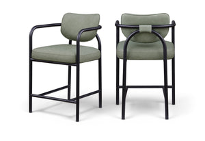 Meridian Furniture Serava Sculpted Vegan Leather Counter Stool with Matte Black Iron Frame for Kitchen Islands Green 77067Green-C