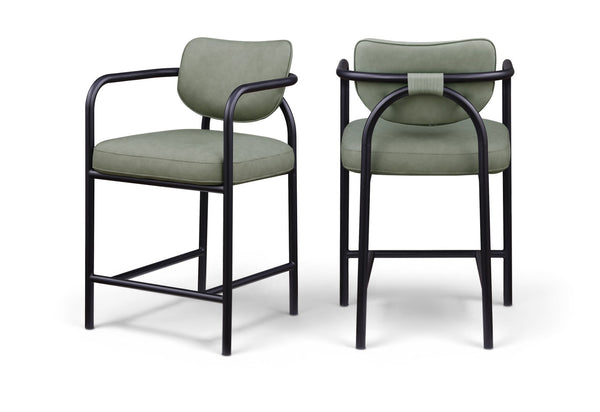 Meridian Furniture Serava Sculpted Vegan Leather Counter Stool with Matte Black Iron Frame for Kitchen Islands Green 77067Green-C