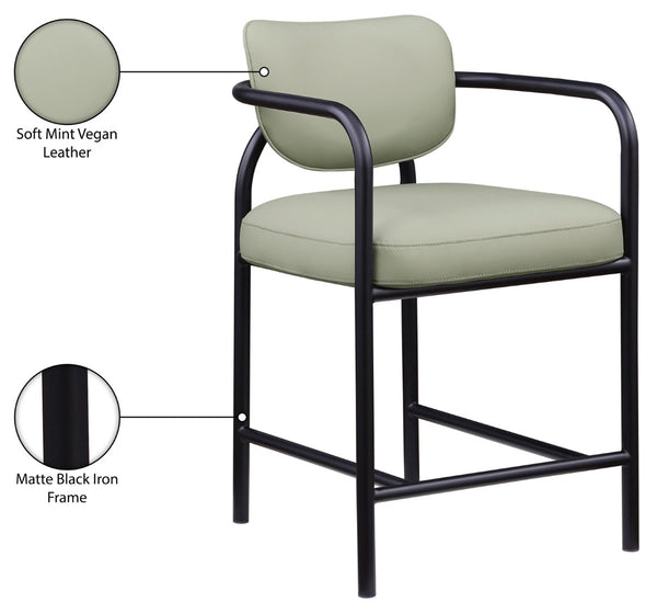Meridian Furniture Serava Sculpted Vegan Leather Counter Stool with Matte Black Iron Frame for Kitchen Islands Mint 77067Mint-C