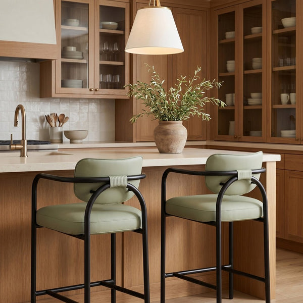 Meridian Furniture Serava Sculpted Vegan Leather Counter Stool with Matte Black Iron Frame for Kitchen Islands Mint 77067Mint-C