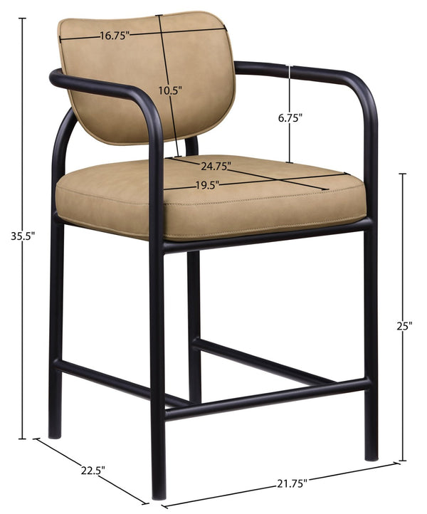 Meridian Furniture Serava Sculpted Vegan Leather Counter Stool with Matte Black Iron Frame for Kitchen Islands Tan 77067Tan-C