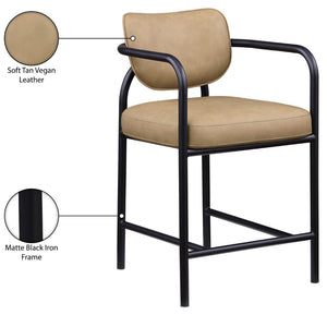 Meridian Furniture Serava Sculpted Vegan Leather Counter Stool with Matte Black Iron Frame for Kitchen Islands Tan 77067Tan-C