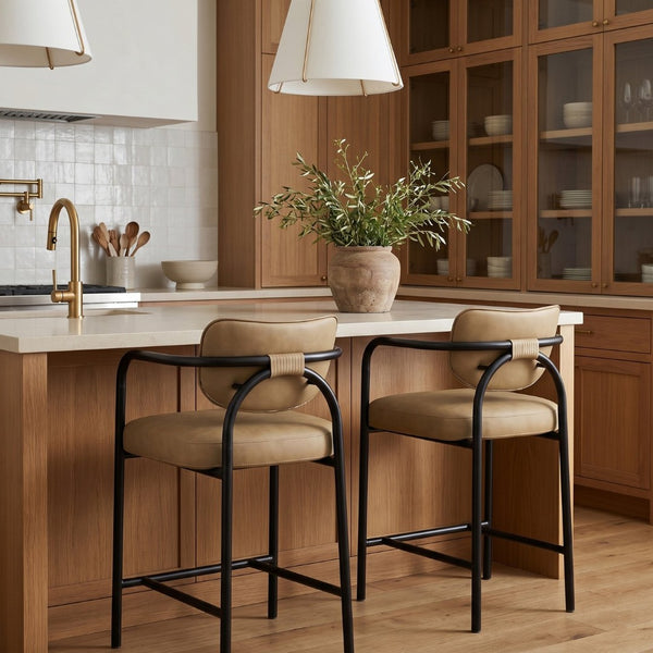 Meridian Furniture Serava Sculpted Vegan Leather Counter Stool with Matte Black Iron Frame for Kitchen Islands Tan 77067Tan-C