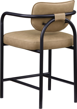 Meridian Furniture Serava Sculpted Vegan Leather Counter Stool with Matte Black Iron Frame for Kitchen Islands Tan 77067Tan-C