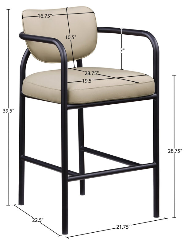 Meridian Furniture Serava Sculpted Vegan Leather Bar Stool with Matte Black Iron Frame for Kitchen Islands Beige 77069Beige-C
