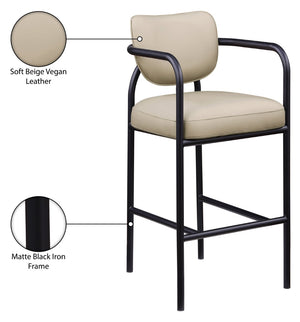 Meridian Furniture Serava Sculpted Vegan Leather Bar Stool with Matte Black Iron Frame for Kitchen Islands Beige 77069Beige-C