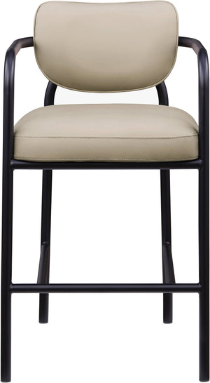 Meridian Furniture Serava Sculpted Vegan Leather Bar Stool with Matte Black Iron Frame for Kitchen Islands Beige 77069Beige-C
