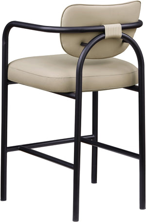 Meridian Furniture Serava Sculpted Vegan Leather Bar Stool with Matte Black Iron Frame for Kitchen Islands Beige 77069Beige-C