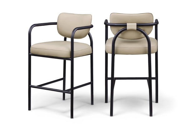 Meridian Furniture Serava Sculpted Vegan Leather Bar Stool with Matte Black Iron Frame for Kitchen Islands Beige 77069Beige-C