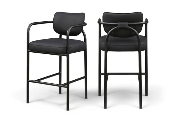 Meridian Furniture Serava Sculpted Vegan Leather Bar Stool with Matte Black Iron Frame for Kitchen Islands Black 77069Black-C