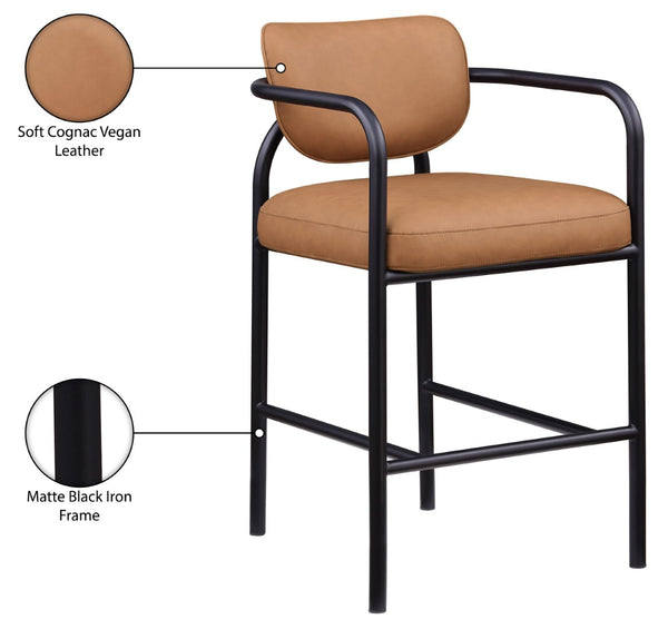 Meridian Furniture Serava Sculpted Vegan Leather Bar Stool with Matte Black Iron Frame for Kitchen Islands Cognac 77069Cognac-C