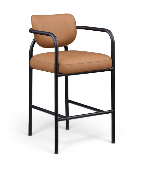 Meridian Furniture Serava Sculpted Vegan Leather Bar Stool with Matte Black Iron Frame for Kitchen Islands Cognac 77069Cognac-C