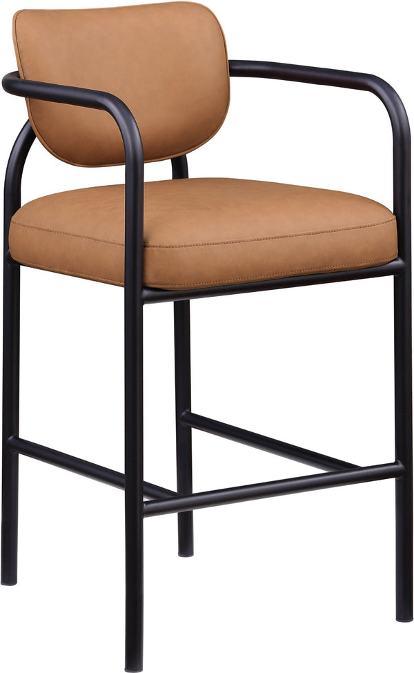 Meridian Furniture Serava Sculpted Vegan Leather Bar Stool with Matte Black Iron Frame for Kitchen Islands Cognac 77069Cognac-C