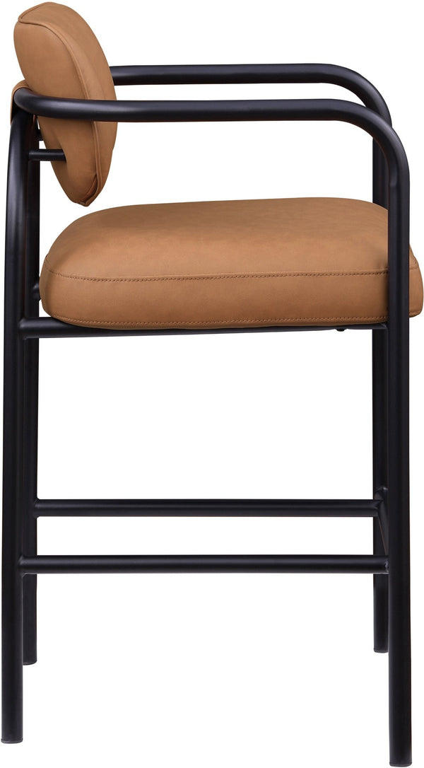 Meridian Furniture Serava Sculpted Vegan Leather Bar Stool with Matte Black Iron Frame for Kitchen Islands Cognac 77069Cognac-C