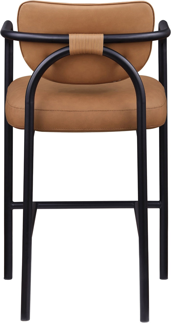 Meridian Furniture Serava Sculpted Vegan Leather Bar Stool with Matte Black Iron Frame for Kitchen Islands Cognac 77069Cognac-C