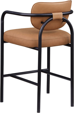 Meridian Furniture Serava Sculpted Vegan Leather Bar Stool with Matte Black Iron Frame for Kitchen Islands Cognac 77069Cognac-C