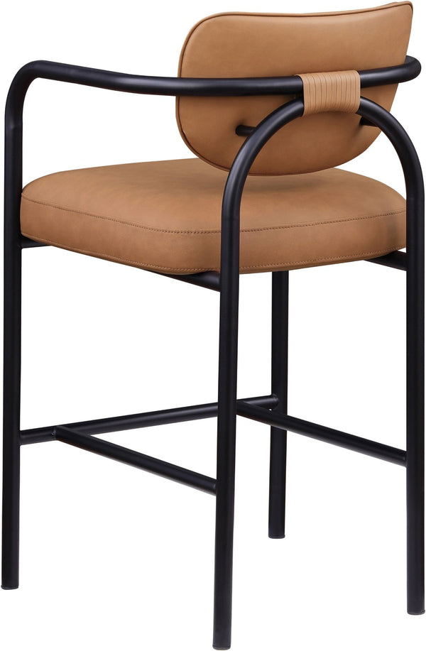 Meridian Furniture Serava Sculpted Vegan Leather Bar Stool with Matte Black Iron Frame for Kitchen Islands Cognac 77069Cognac-C