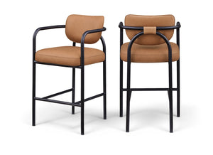 Meridian Furniture Serava Sculpted Vegan Leather Bar Stool with Matte Black Iron Frame for Kitchen Islands Cognac 77069Cognac-C