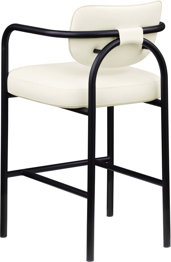 Meridian Furniture Serava Sculpted Vegan Leather Bar Stool with Matte Black Iron Frame for Kitchen Islands Cream 77069Cream-C