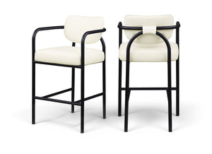 Meridian Furniture Serava Sculpted Vegan Leather Bar Stool with Matte Black Iron Frame for Kitchen Islands Cream 77069Cream-C