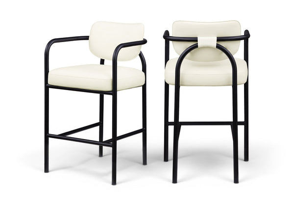 Meridian Furniture Serava Sculpted Vegan Leather Bar Stool with Matte Black Iron Frame for Kitchen Islands Cream 77069Cream-C