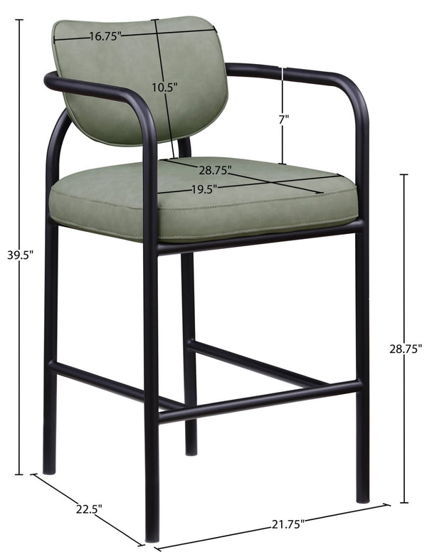Meridian Furniture Serava Sculpted Vegan Leather Bar Stool with Matte Black Iron Frame for Kitchen Islands Green 77069Green-C