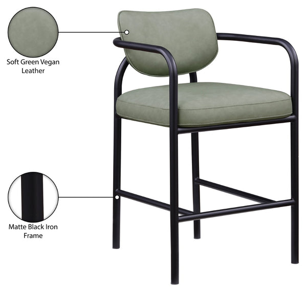 Meridian Furniture Serava Sculpted Vegan Leather Bar Stool with Matte Black Iron Frame for Kitchen Islands Green 77069Green-C