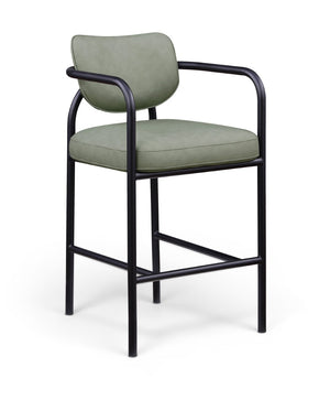 Meridian Furniture Serava Sculpted Vegan Leather Bar Stool with Matte Black Iron Frame for Kitchen Islands Green 77069Green-C