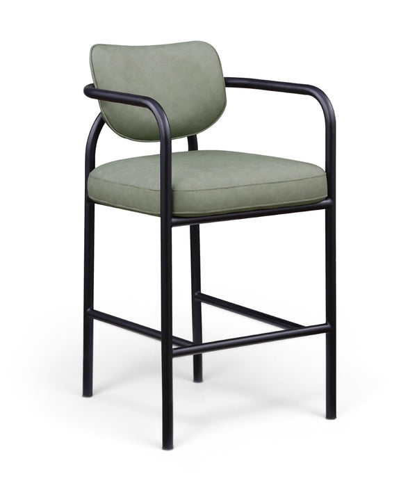 Meridian Furniture Serava Sculpted Vegan Leather Bar Stool with Matte Black Iron Frame for Kitchen Islands Green 77069Green-C