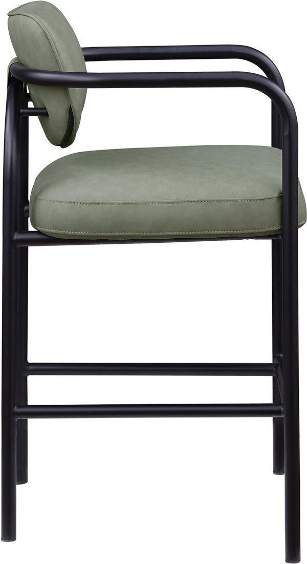 Meridian Furniture Serava Sculpted Vegan Leather Bar Stool with Matte Black Iron Frame for Kitchen Islands Green 77069Green-C